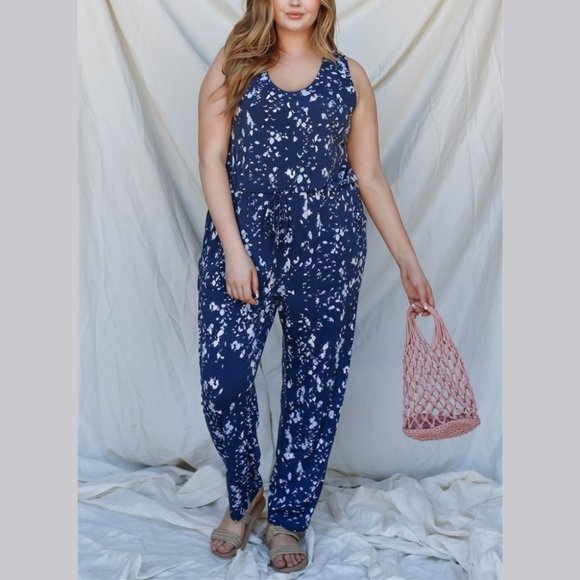 Navy Blue White & Mint Feather Print Sleeveless Plus Size Jumpsuit - Picture 3 of 7
